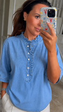 Load image into Gallery viewer, Denim Ruffle Neck Blouse