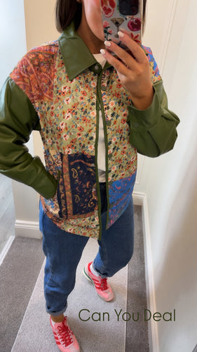 Green quilted jacket leatherette sleeve