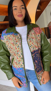 Green quilted jacket leatherette sleeve