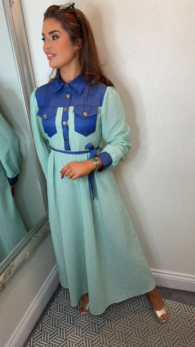 Green Pinstripe & Denim Dress