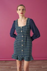 Tweed effect square neck dress