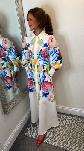 White Floral MidiMax Dress Pockets